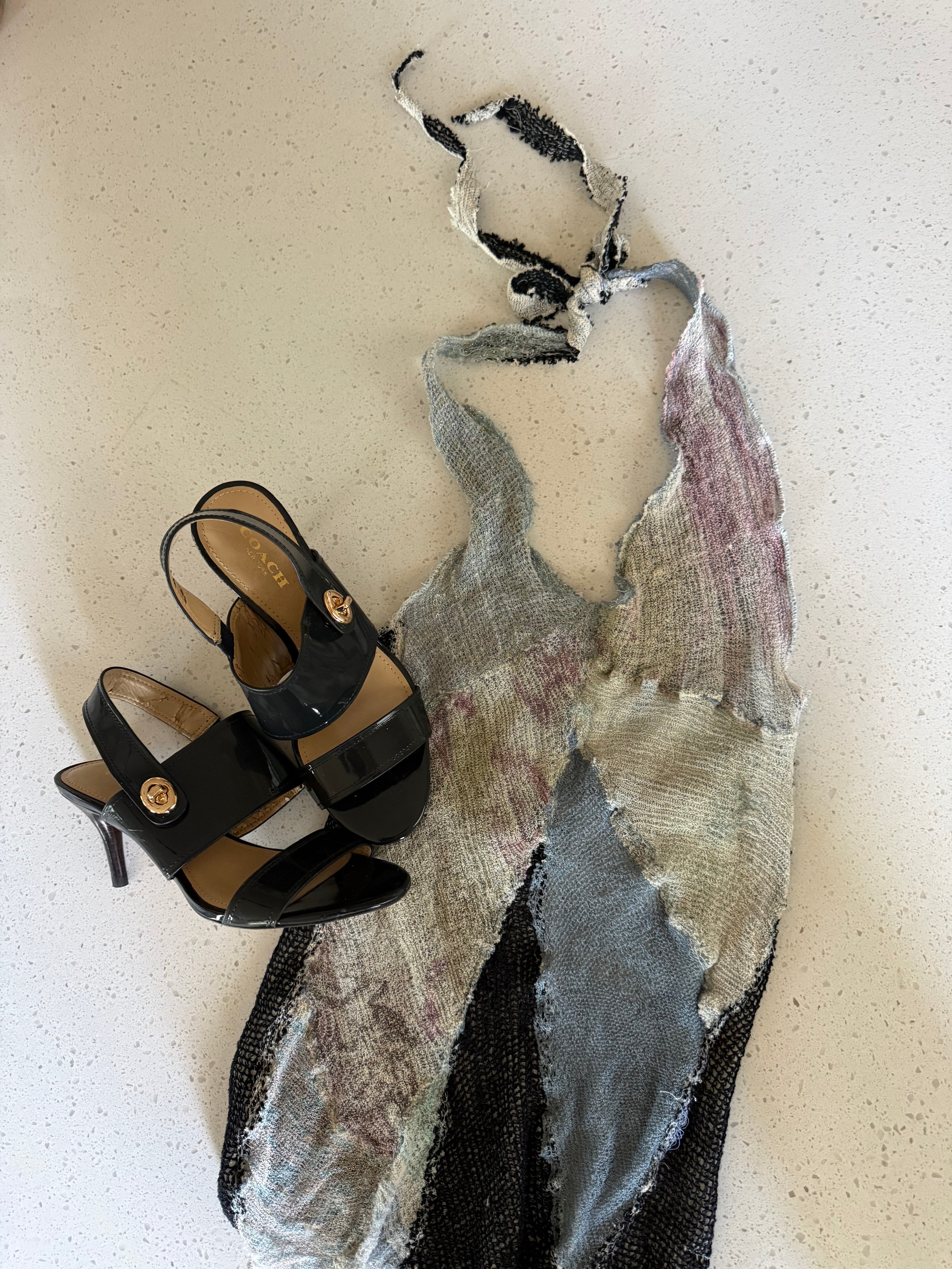 Y2K Deconstructed Patchwork Knit Halter Top w/ black coach heels